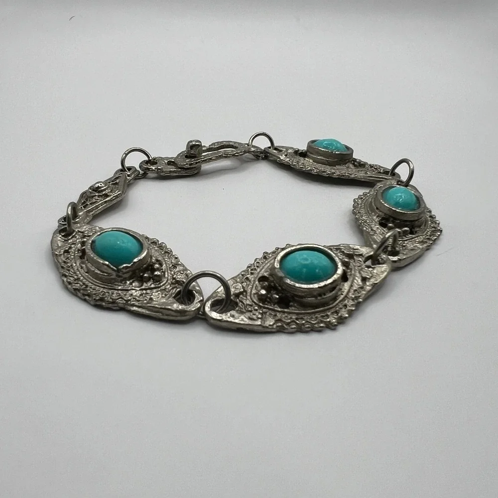 Vintage Bracelet Faux‎ Turquoise Silver Tone Stations Links